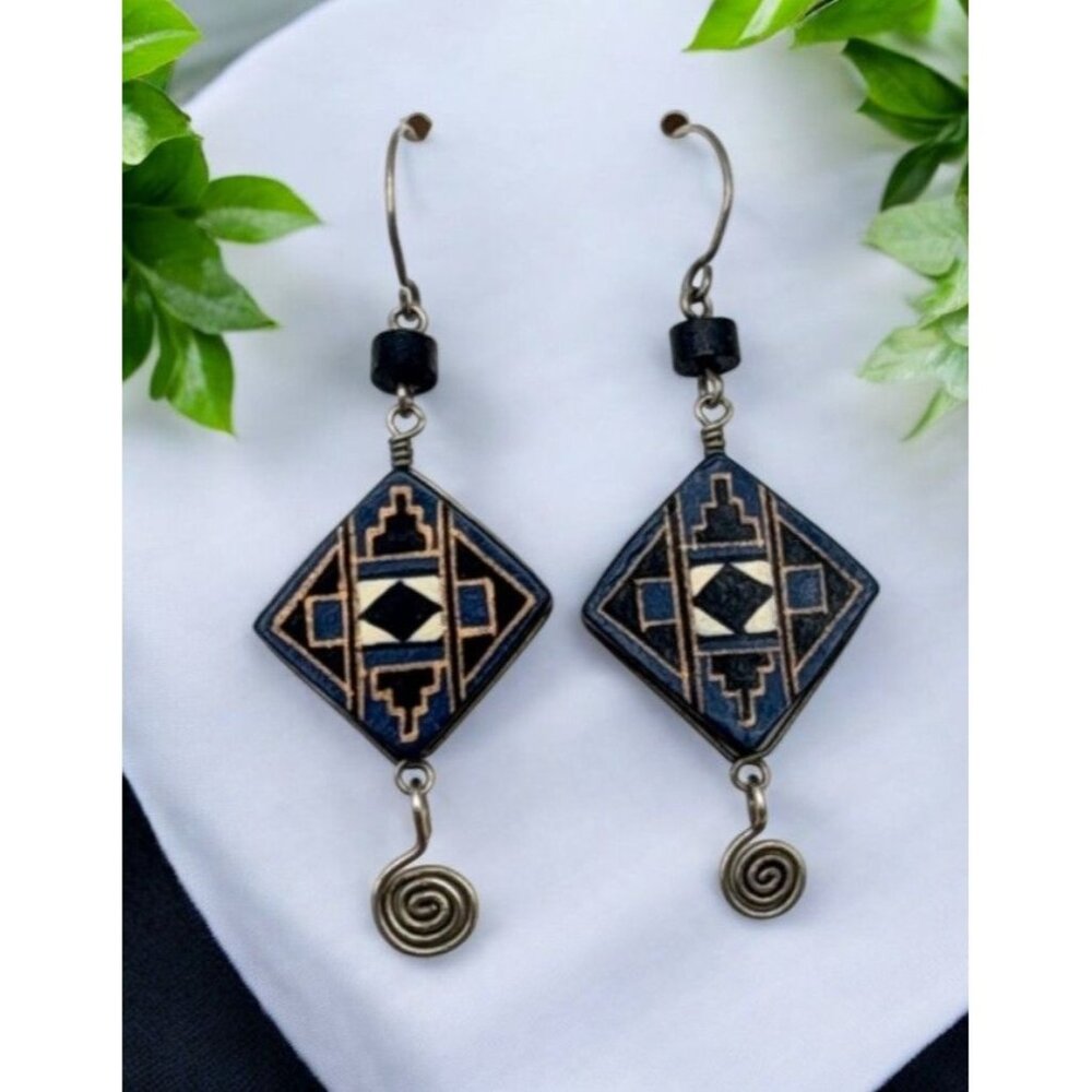Vintage Aztec Dangle Earrings Geometric Tribal-Inspired Silver Tone Spiral